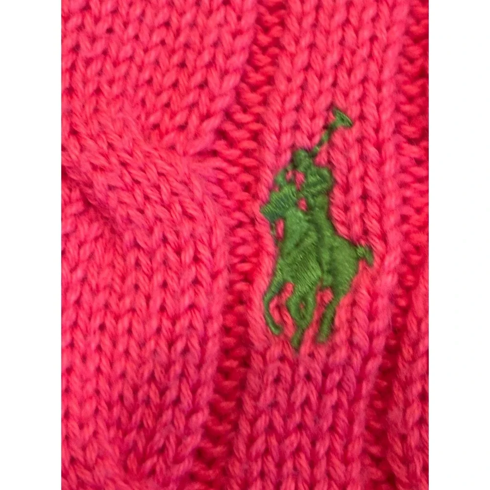 Ralph Lauren Girls Pink Cable Knit Cotton Sweater Green Pony Logo L 12/14 Peppy